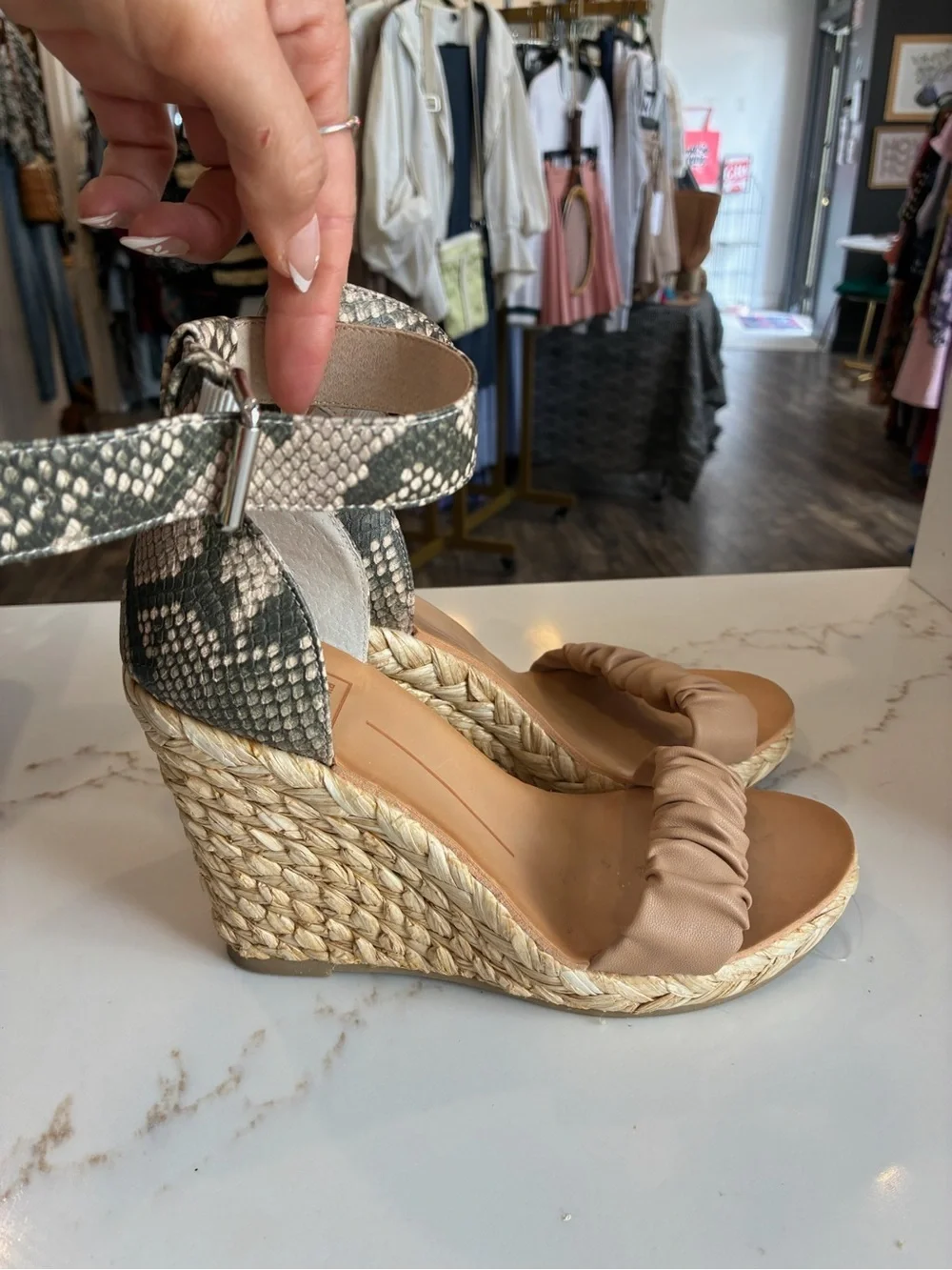 Dolce Vita Taupe Wedge Espadrille with Snakeskin Ankle Strap